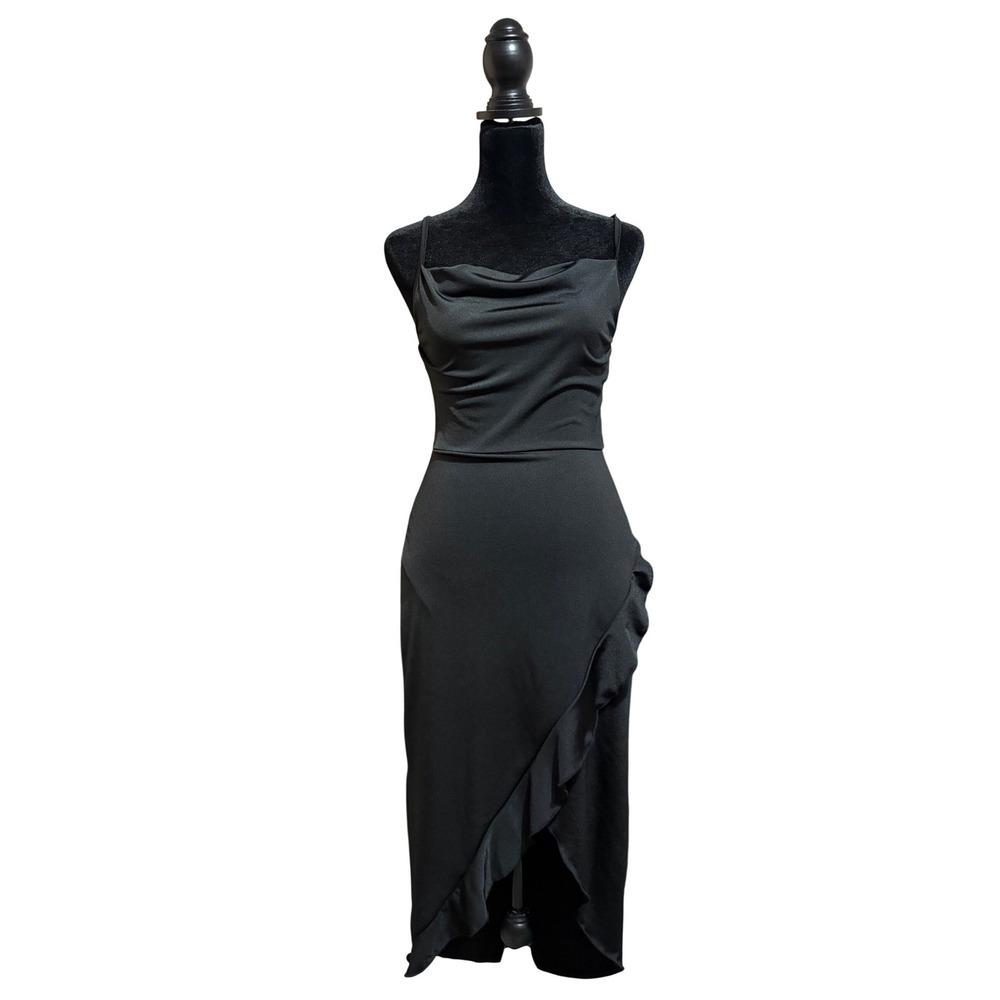 MRT 1030 tulip hem ruffle cowl neck slip dress women's S LBD cocktail‎ event